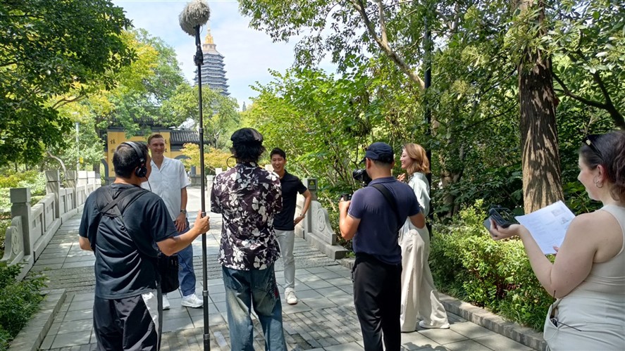 Ningbo production crew coordinating a local shoot